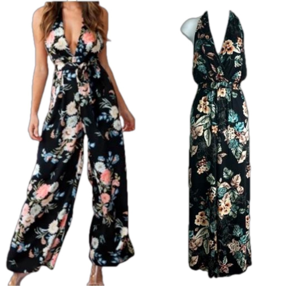 Haute Monde MED Tropical Floral Jumpsuit Lightweight Rayon Halter Summer Pants